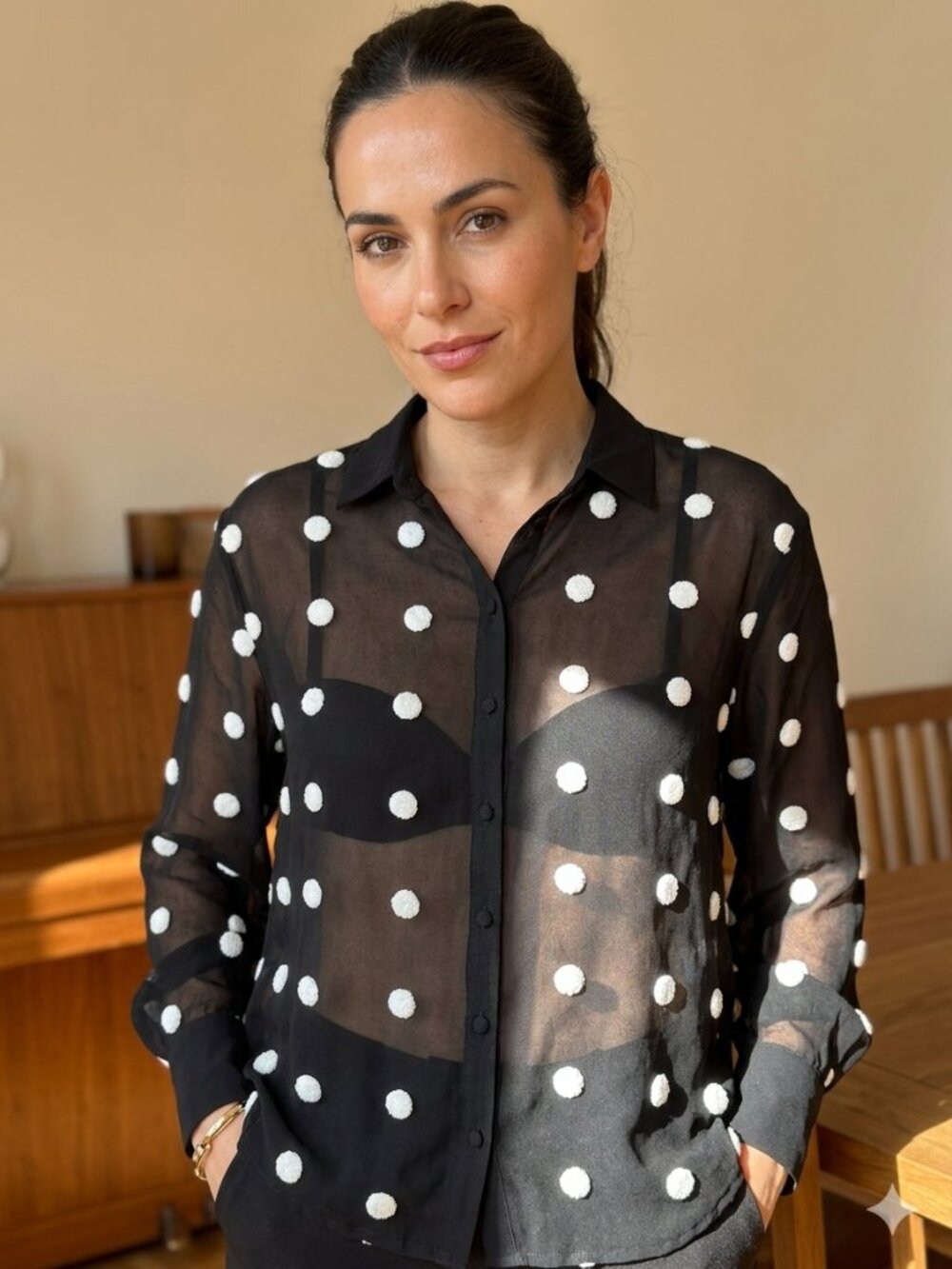 Bella Ella Sheer Polka Dot Blouse S Black White Button Front Mesh Office Siren